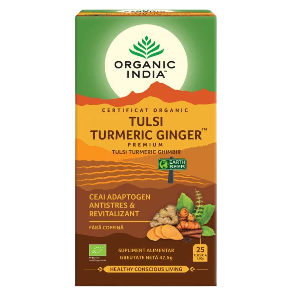 Organic India Ceai Adaptogen Tulsi Turmeric si Ghimbir, 25 plicuri - 1