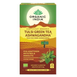 Organic India Ceai Tulsi Ashwagandha si Ceai Verde Adaptogen si Anxiolitic, 25 plicuri - 1